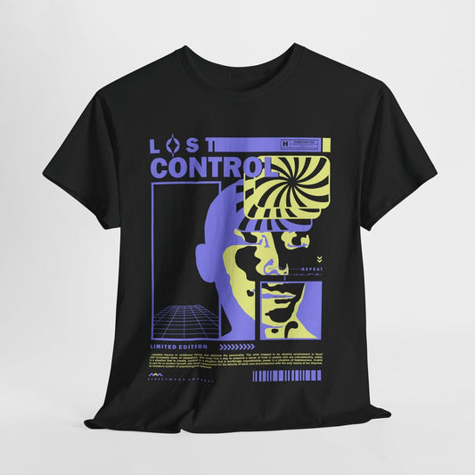 Vibrant Graphic T-Shirt Design Featuring 'LOST CONTROL' with Surreal Elements