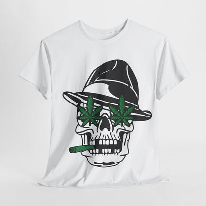 Rebellious Skull Graphic Men's T-Shirt with Hip-Hop Hat & Marijuana Leaf Design