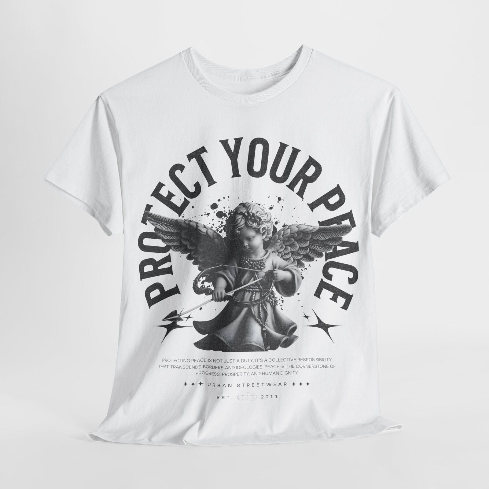 Bold Urban Mens T-Shirt: Protect Your Peace Graphic Design with Cherubic Angel
