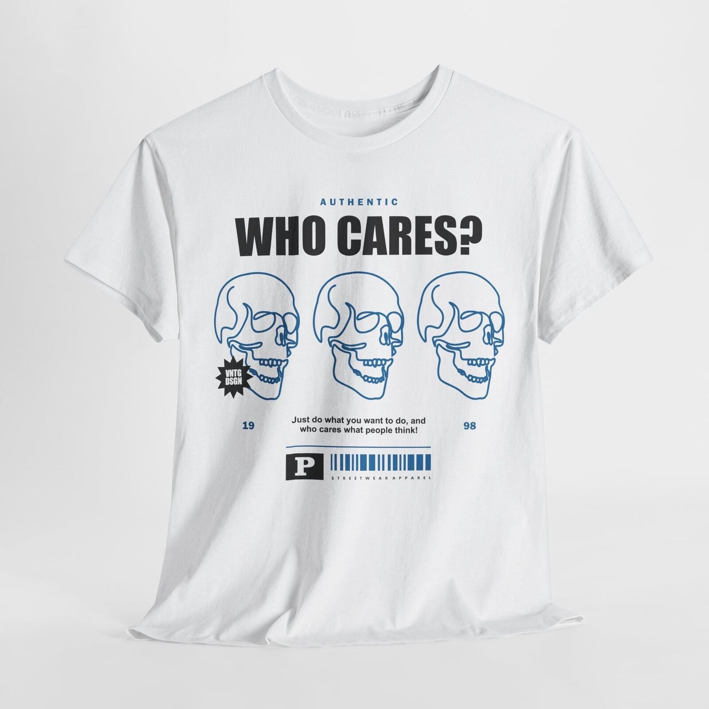 Bold Men's T-Shirt with Graphic WHO CARES? Design & Blue Skull Print Apparel