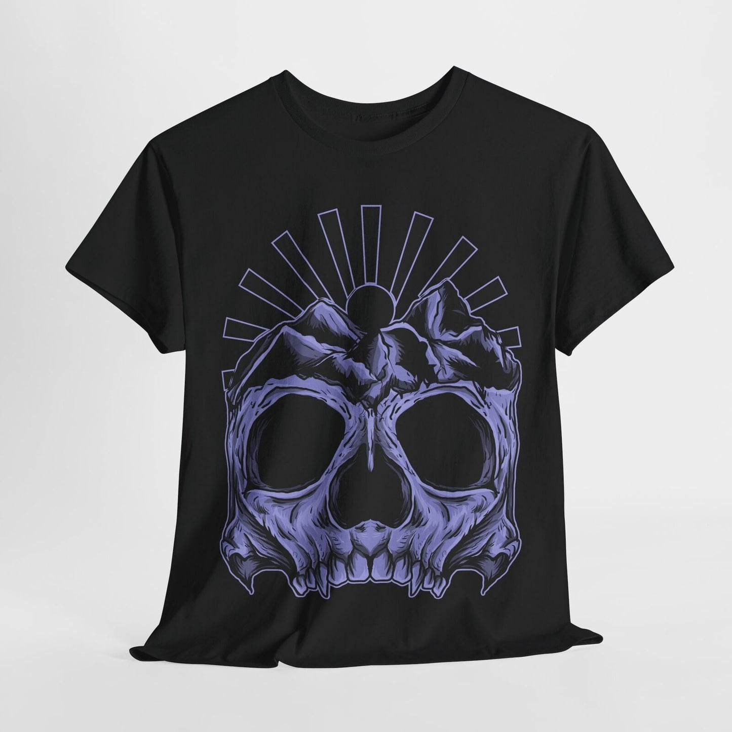 Men's Skull Graphic T-Shirt with Mountain Peaks and Sunburst Art for Bold Style