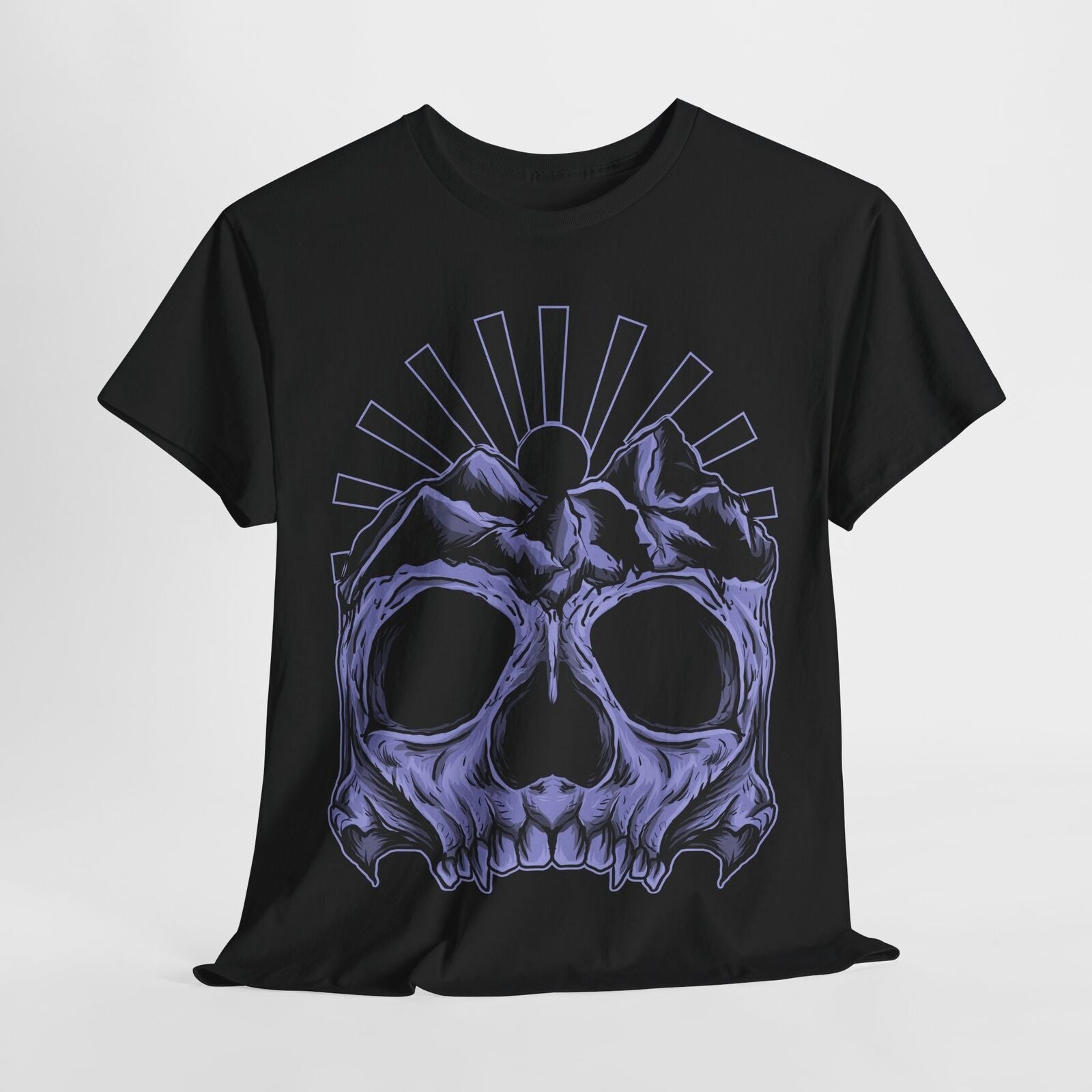 Men's Skull Graphic T-Shirt with Mountain Peaks and Sunburst Art for Bold Style