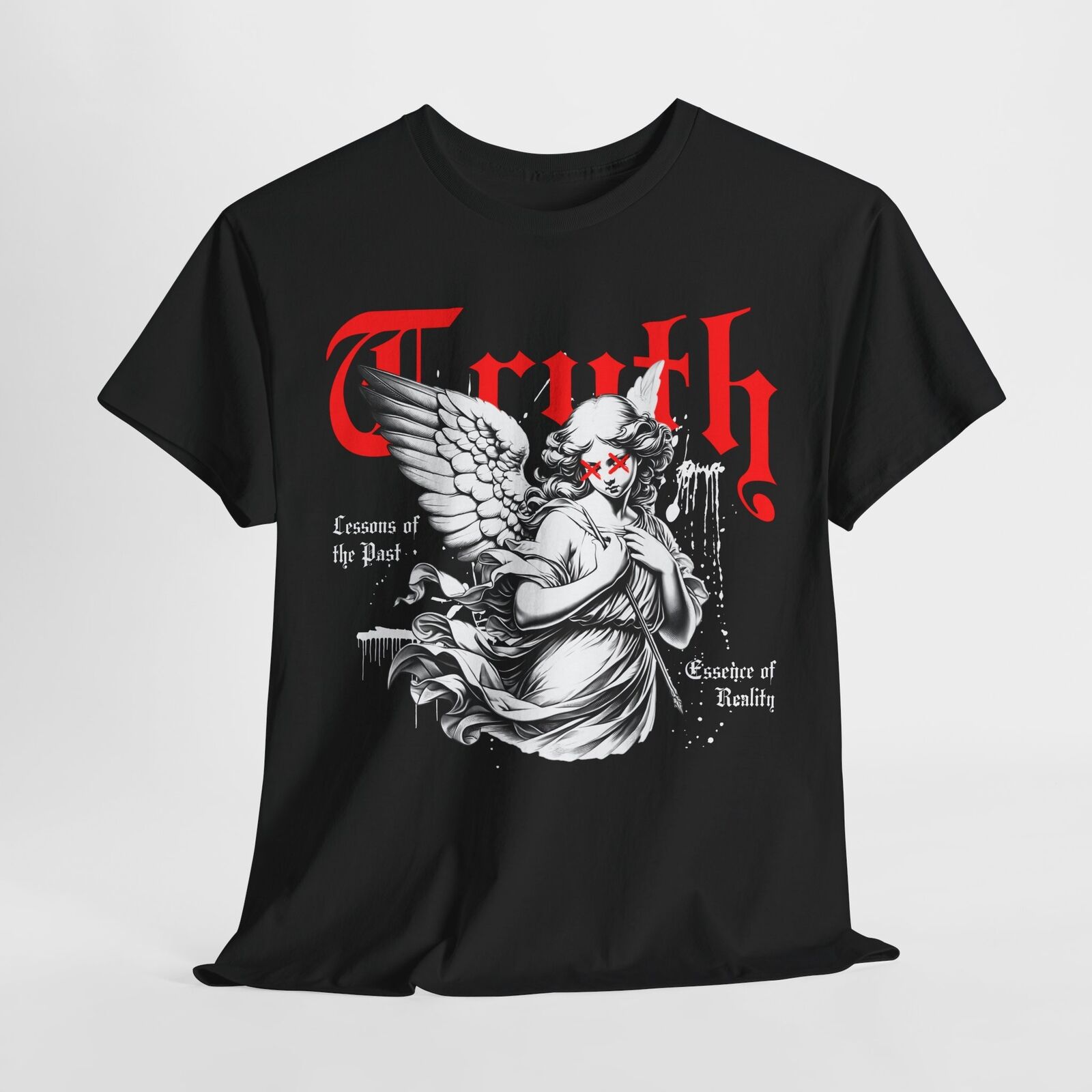 Men's T-Shirt with Winged Cherub Graphic: Dark Truth & Past Lessons Design