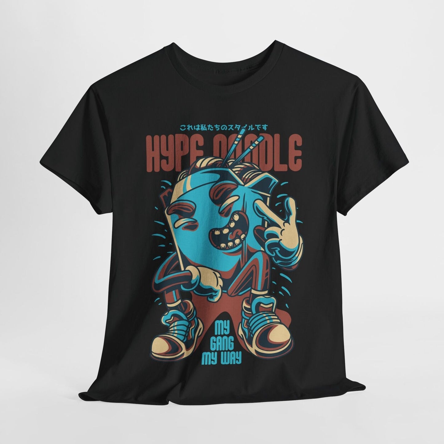 "Vibrant Men's T-Shirt with Cartoon Hype Noodle Design - My Gang My Way Style"