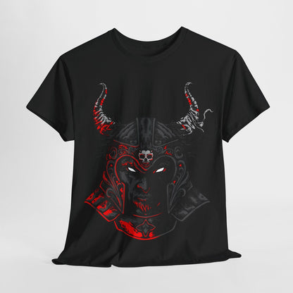 "Dark Warrior Men's T-Shirt: Intricate Helmet Design Bold Red and Gray Accents"