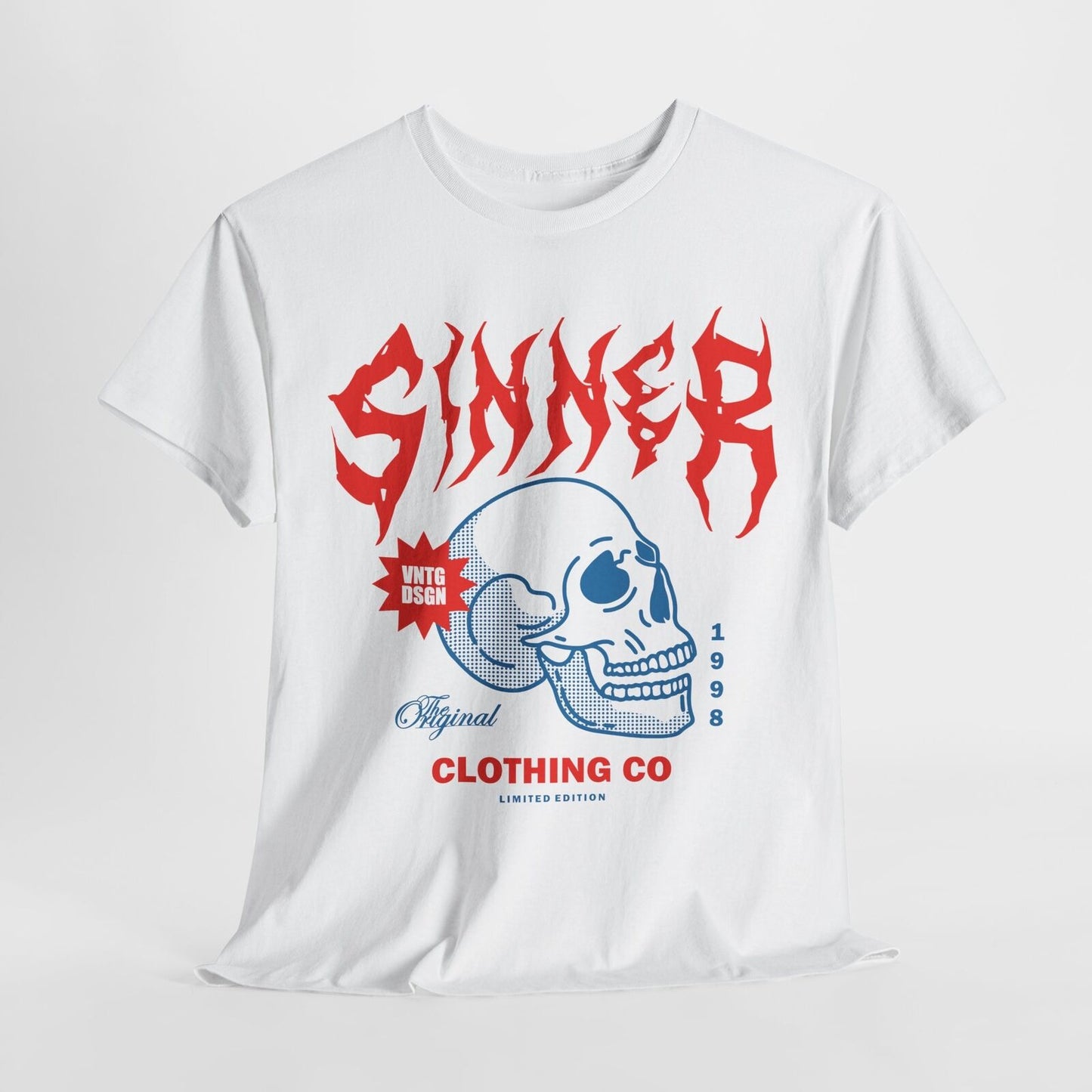 Mens T-Shirt with Bold Sinner Design Skull Graphic, Limited Edition Clothing Co.