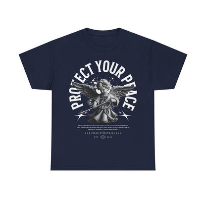 Bold Urban Mens T-Shirt: Protect Your Peace Graphic Design with Cherubic Angel