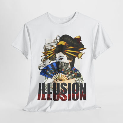"Men's T-Shirt with Artistic Geisha Design: Vibrant, Mysterious Illusion Print"
