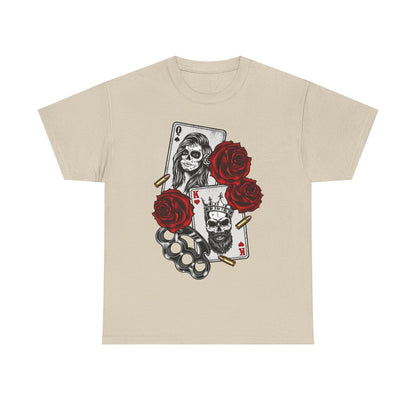 Men's T-Shirt with Bold Skull Playing Cards, Roses & Street Art Inspired Design
