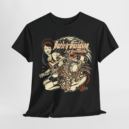 Vintage Harley-Davidson T-Shirt: Bold Pin-Up Design with Engine & Wings Flair!