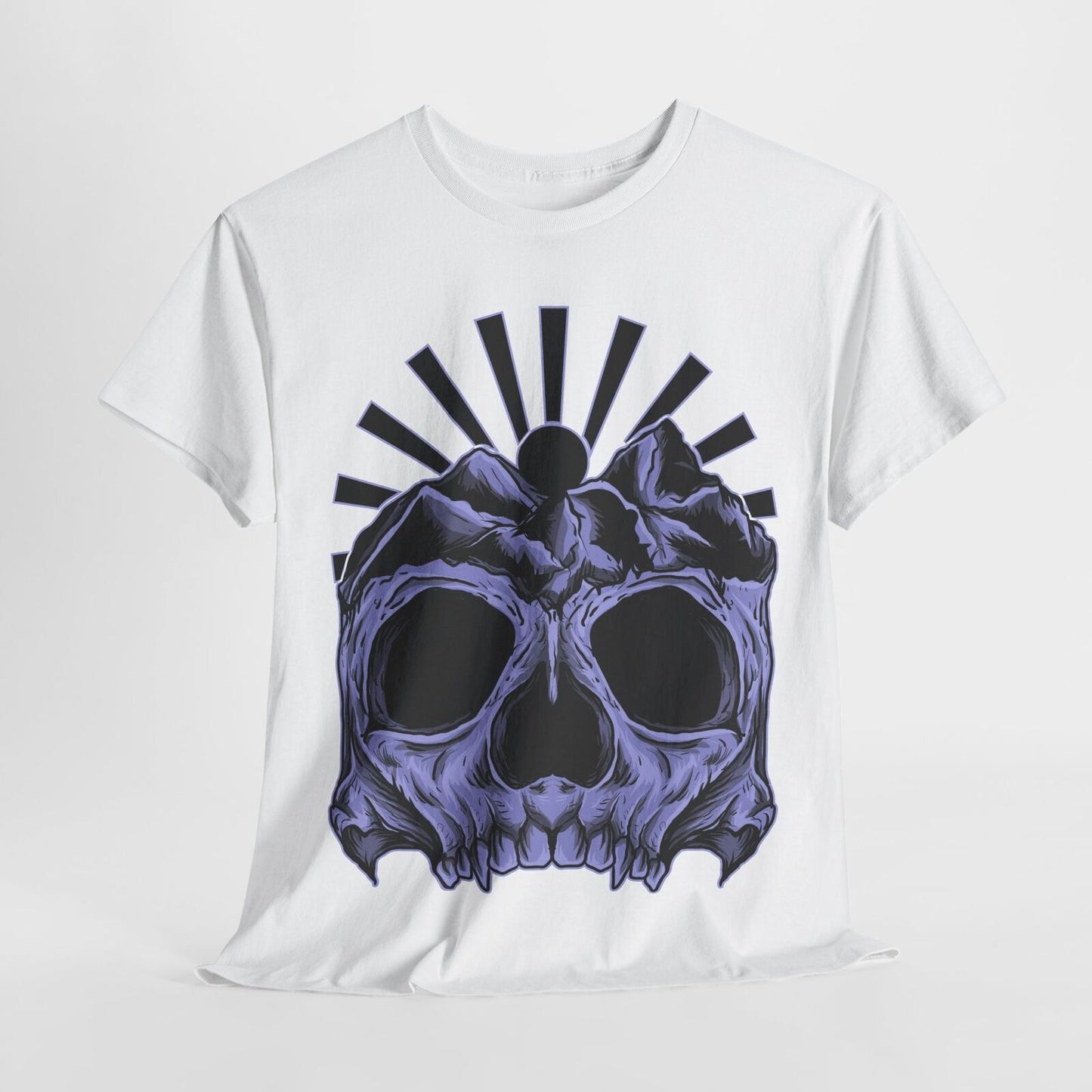 Men's Skull Graphic T-Shirt with Mountain Peaks and Sunburst Art for Bold Style
