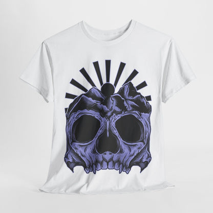 Men's Skull Graphic T-Shirt with Mountain Peaks and Sunburst Art for Bold Style