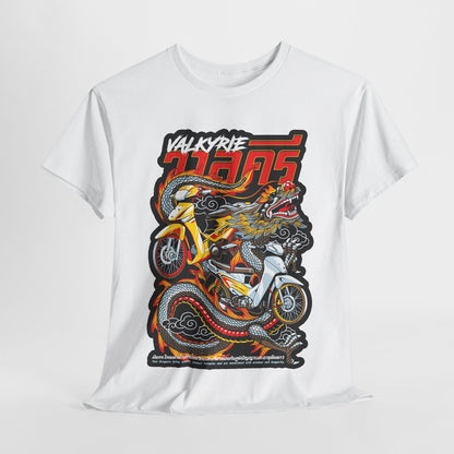 "Men's Graphic T-Shirt: Fiery Dragon & Motorcycle Art | VALKYRIE Bold Design"