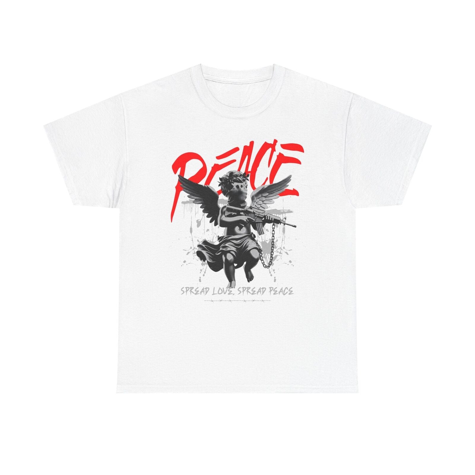 Edgy Monochrome Men's T-Shirt: Cherubic Angel, Rifle & Bold Peace Graphics Urban