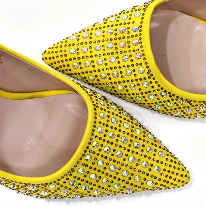 Sophisticated ensemble of yellow slingback pumps and handbag set for discerning women attending formal events.