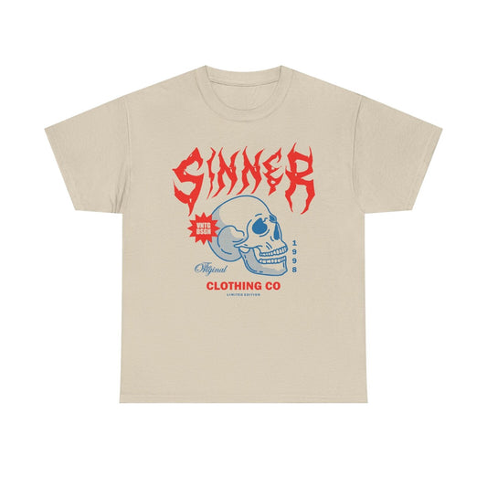 Mens T-Shirt with Bold Sinner Design Skull Graphic, Limited Edition Clothing Co.
