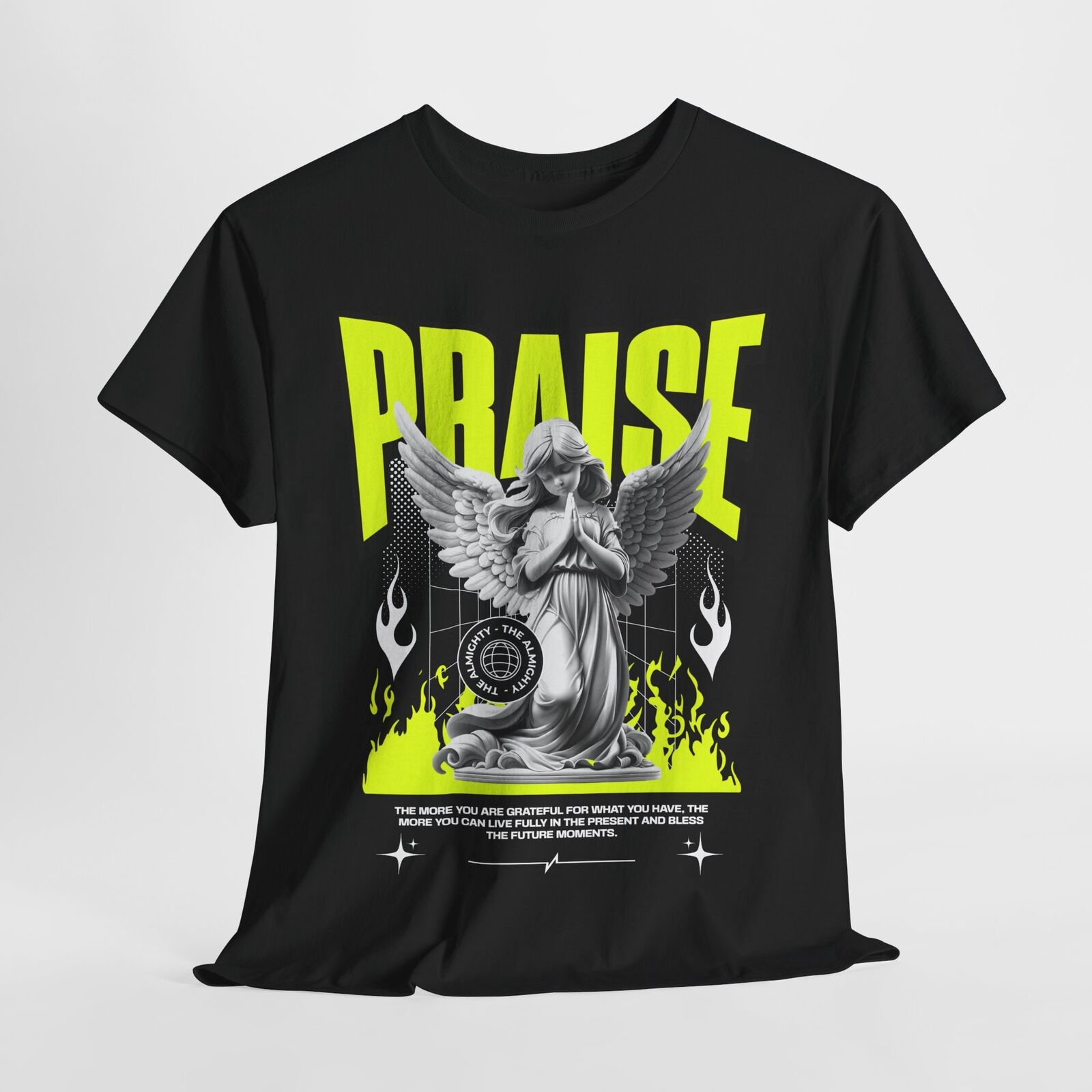 Bold Praise Graphic Men's T-Shirt with Angel Statue Design and Neon Flames Print