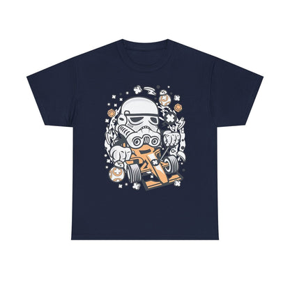 Epic Cartoon Stormtrooper Racing Car T-Shirt: Star Wars Fun and Style Unite!
