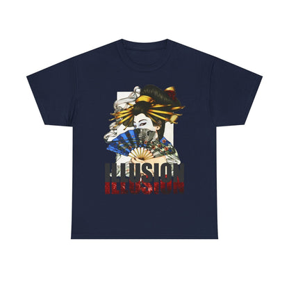 "Men's T-Shirt with Artistic Geisha Design: Vibrant, Mysterious Illusion Print"