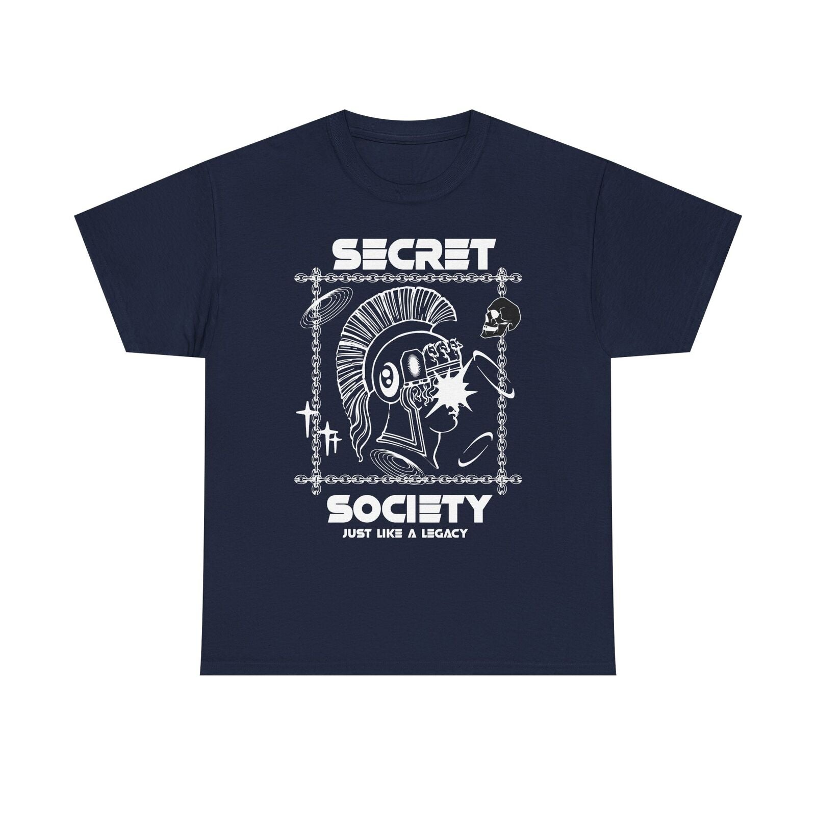 Men's T-Shirt with Bold Futuristic Mohawk Figure, Skull & 'Secret Society' Text
