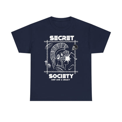 Men's T-Shirt with Bold Futuristic Mohawk Figure, Skull & 'Secret Society' Text