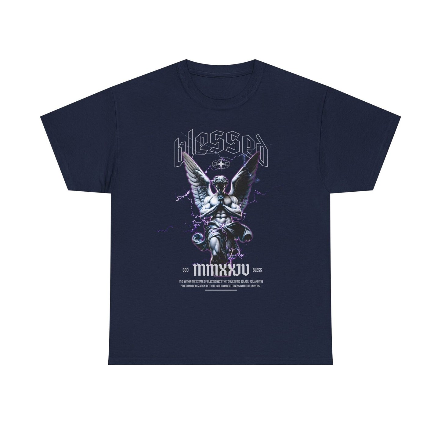 Men's T-Shirt with Blessed Angel Graphic Design & Bold Roman Numerals Urban