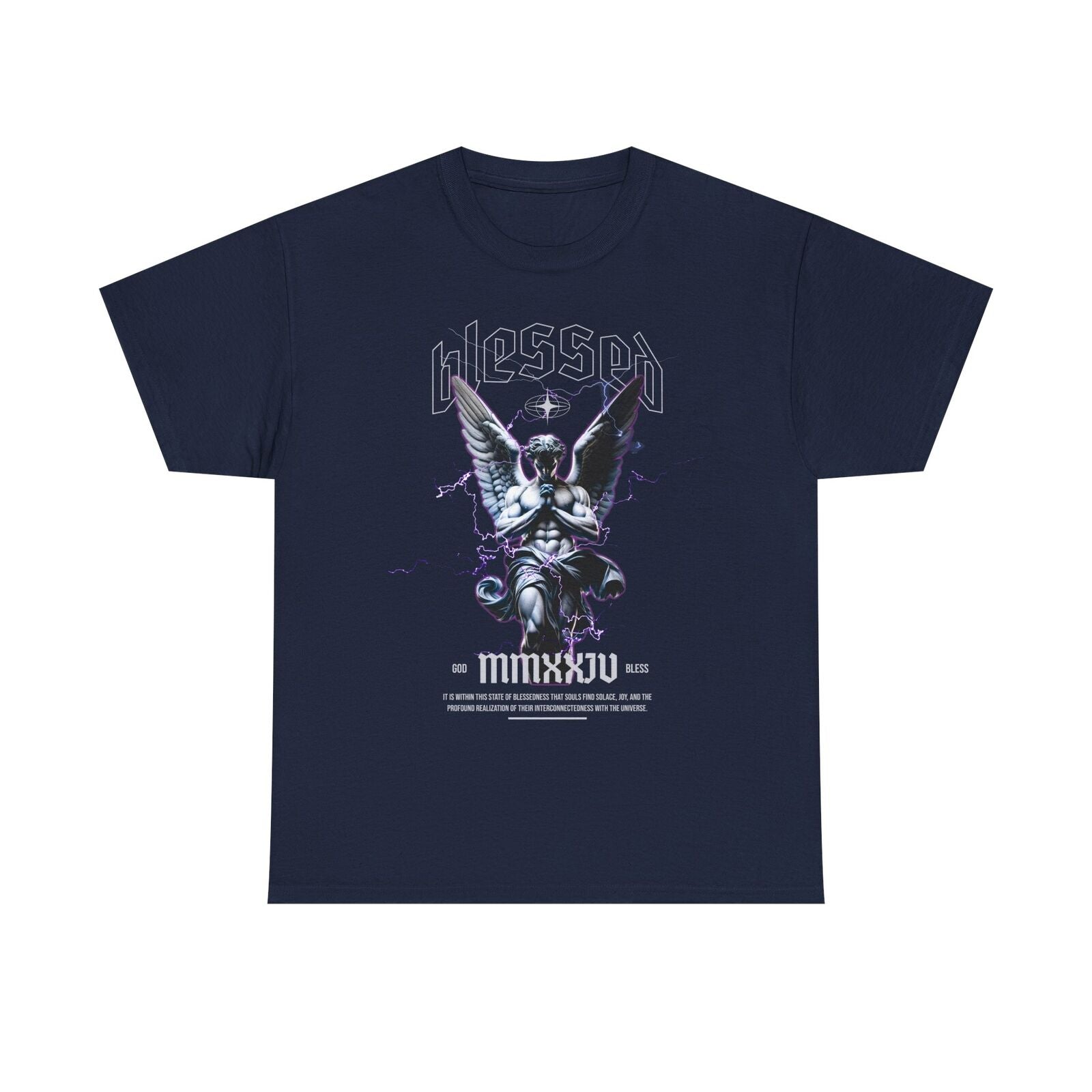 Men's T-Shirt with Blessed Angel Graphic Design & Bold Roman Numerals Urban