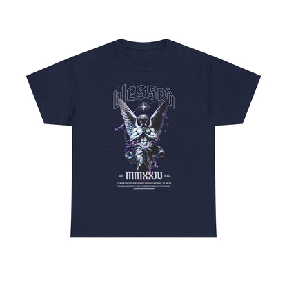 Men's T-Shirt with Blessed Angel Graphic Design & Bold Roman Numerals Urban