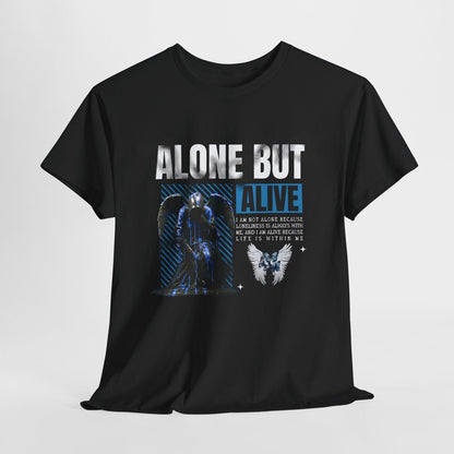 Men's T-Shirt: Bold 'ALONE BUT ALIVE' Graphic with Winged Statue & Angel Wings