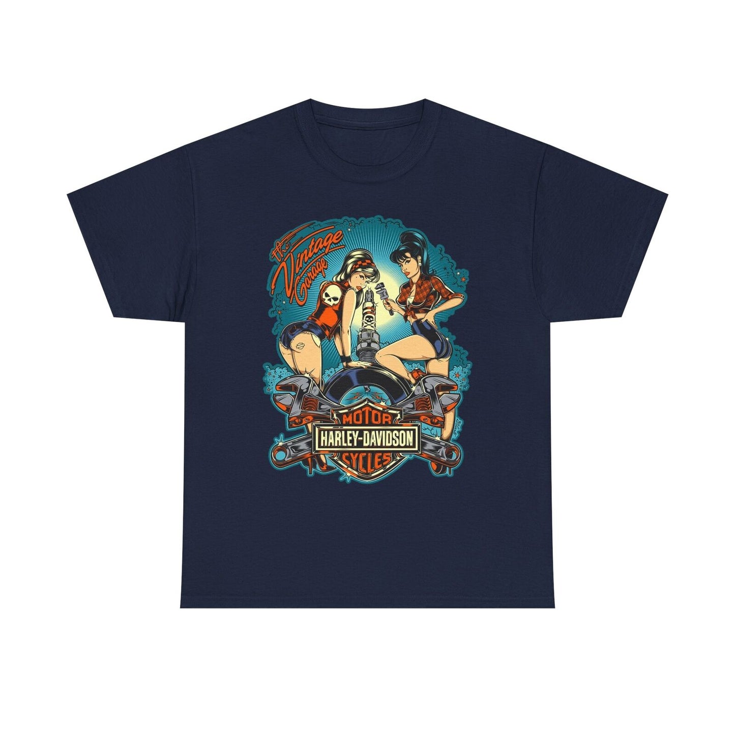 Retro Pin-Up T-Shirt: Garage Glamour with Motorcycle Mechanics & Harley Spirit!