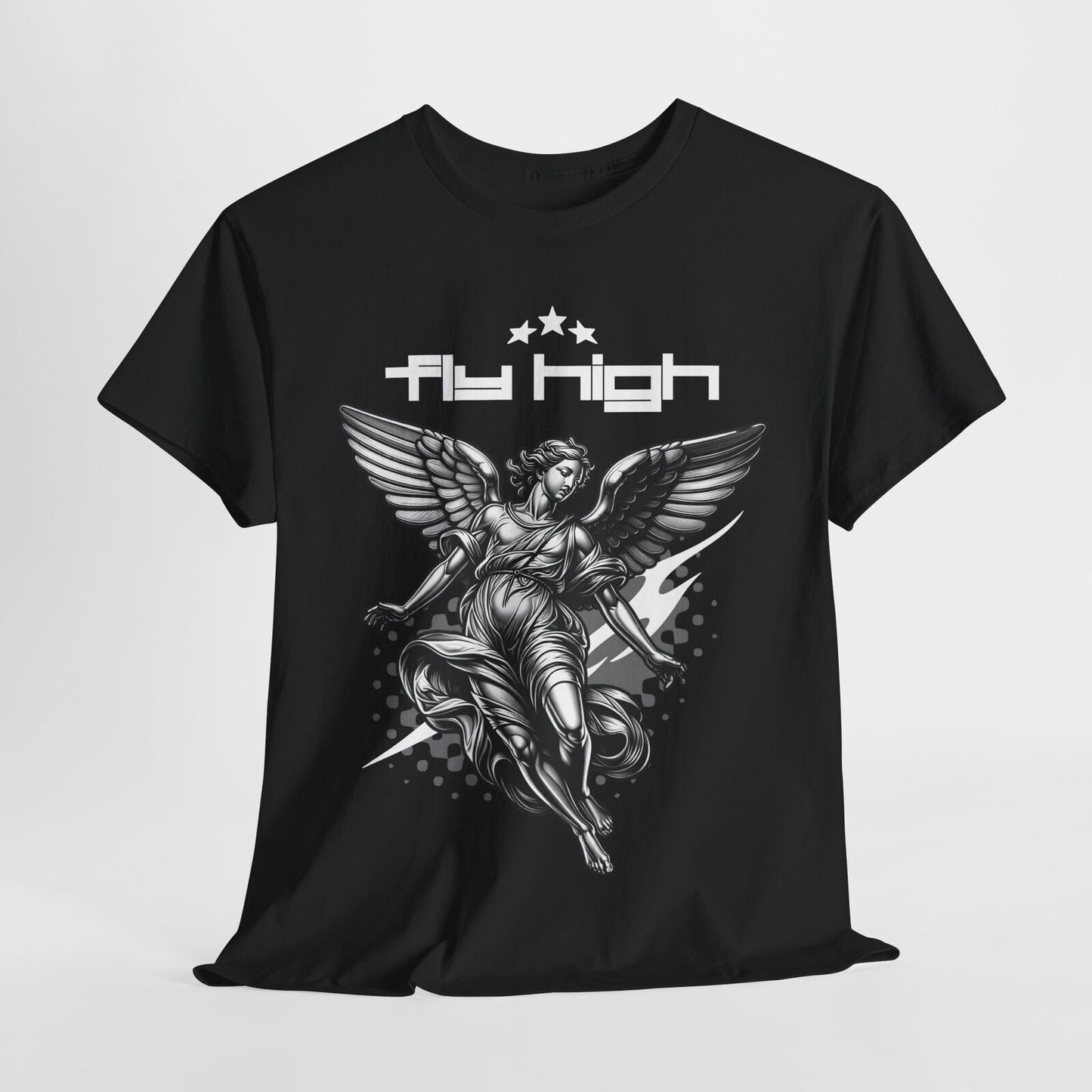 Dynamic Angel Men's T-Shirt with 'Fly High' Design | Stylish Black & White Art