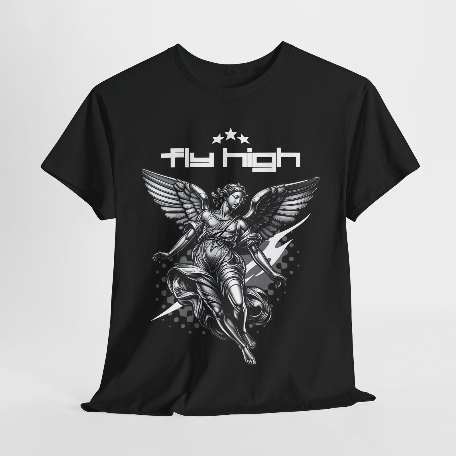 Dynamic Angel Men's T-Shirt with 'Fly High' Design | Stylish Black & White Art