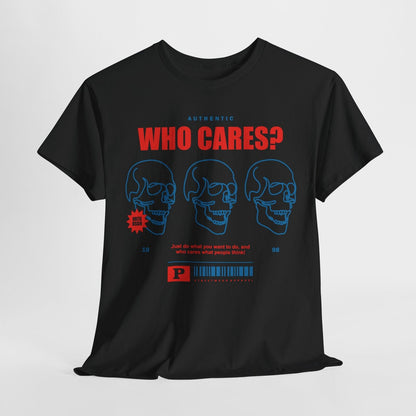 Bold Men's T-Shirt with Graphic WHO CARES? Design & Blue Skull Print Apparel