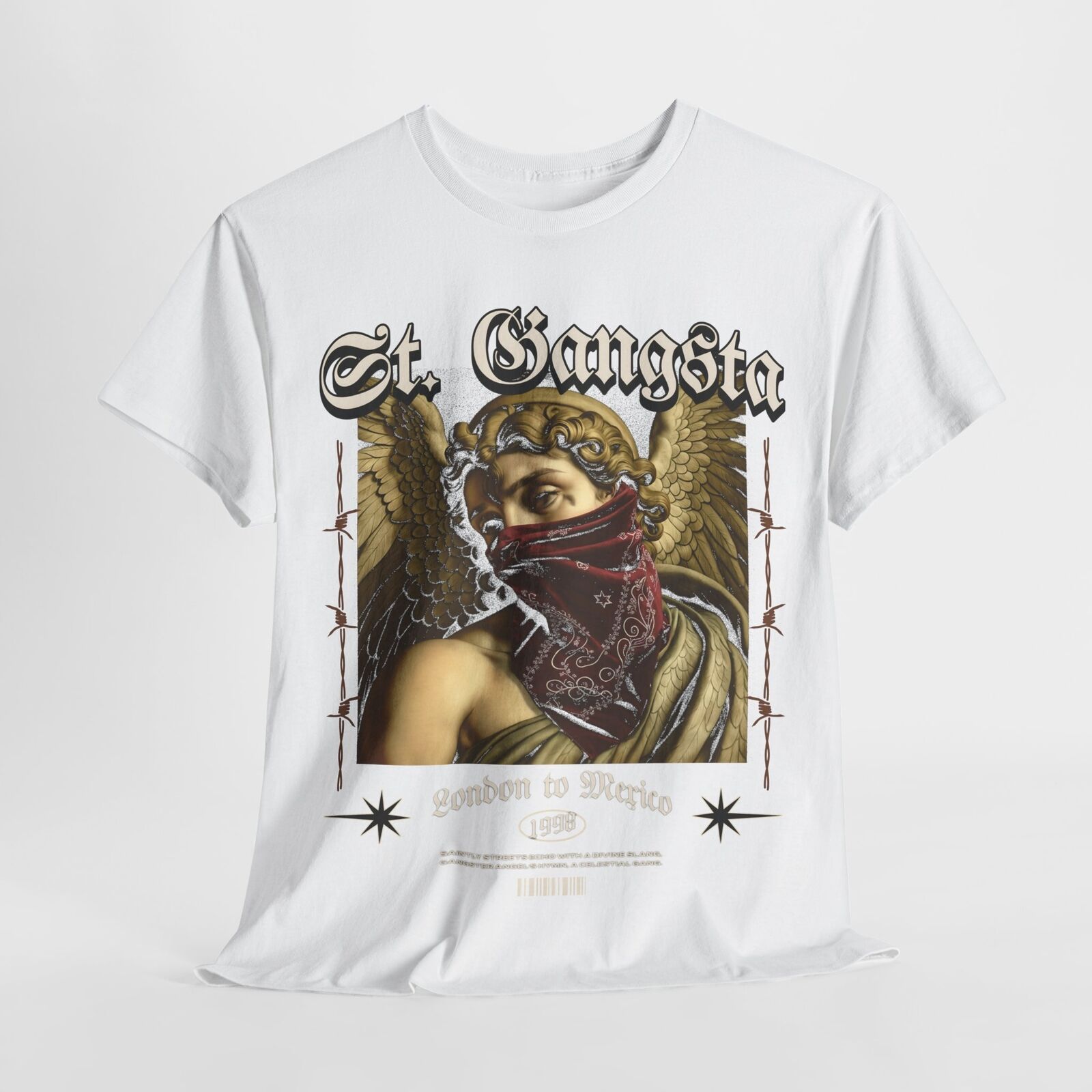 "St. Gangsta Men's T-Shirt: Angel Graphic, Urban Streetwear, Unique Design"