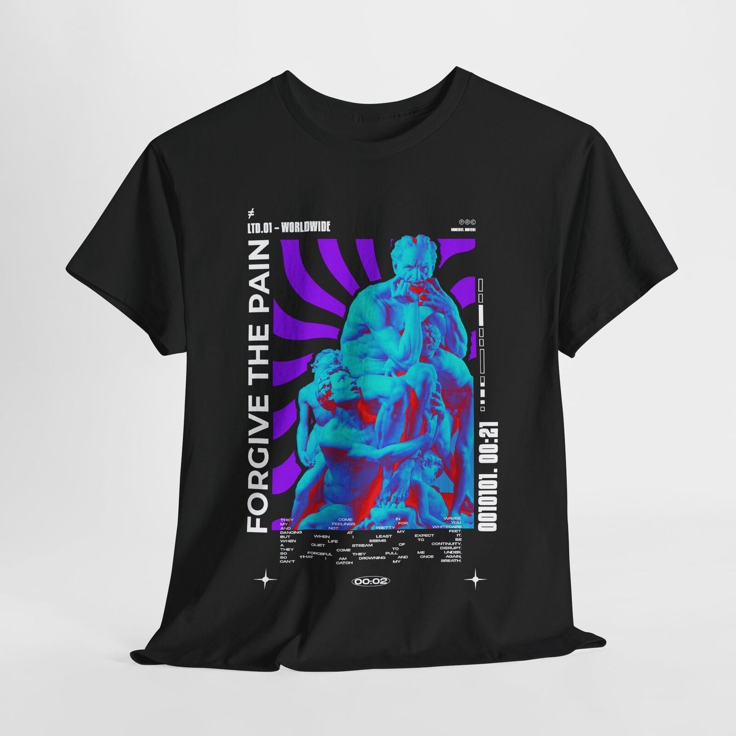 Vibrant Men's T-Shirt Design: "FORGIVE THE PAIN" with Classic Sculpture Artistry