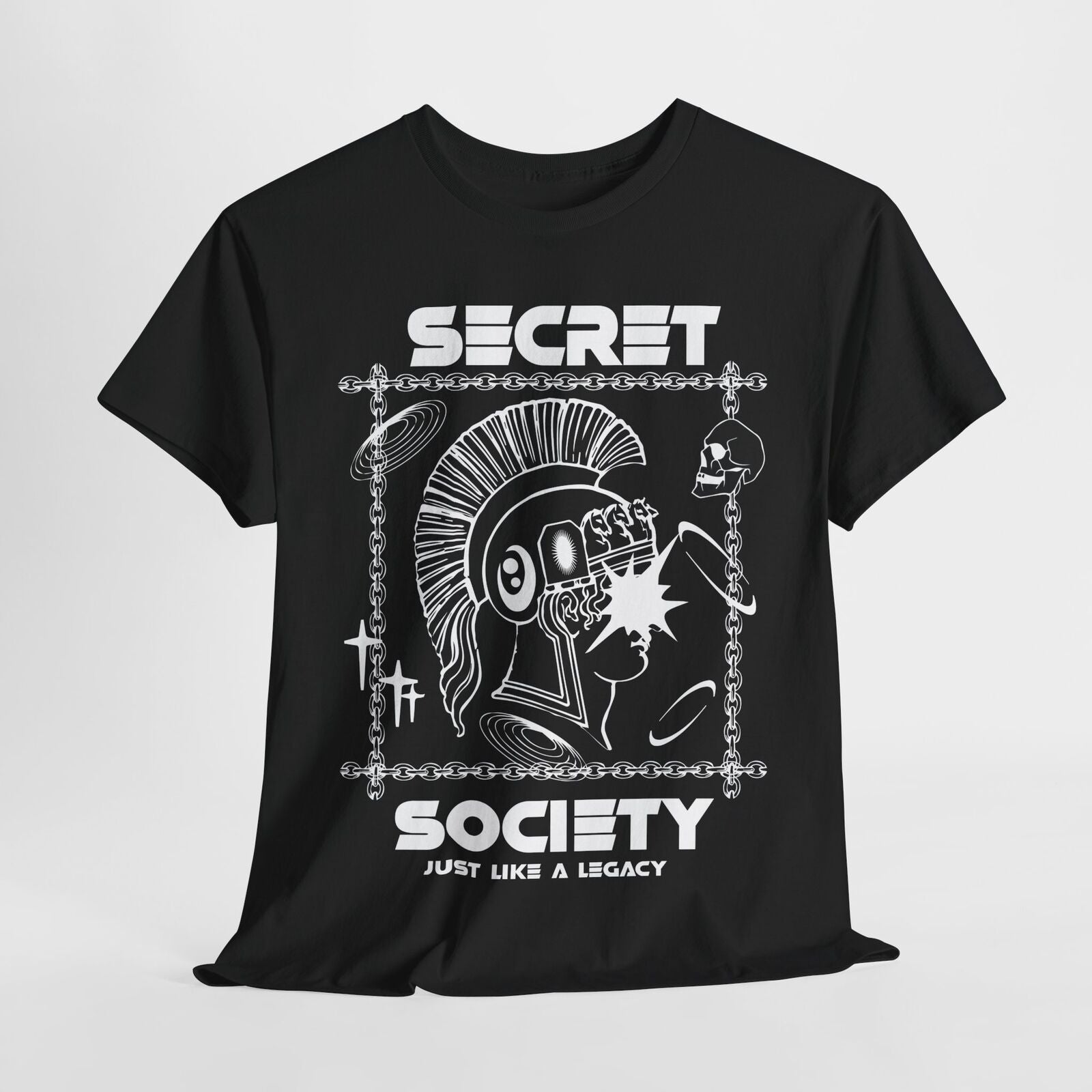 Men's T-Shirt with Bold Futuristic Mohawk Figure, Skull & 'Secret Society' Text