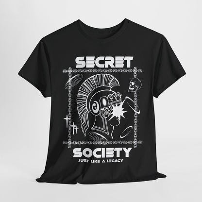 Men's T-Shirt with Bold Futuristic Mohawk Figure, Skull & 'Secret Society' Text