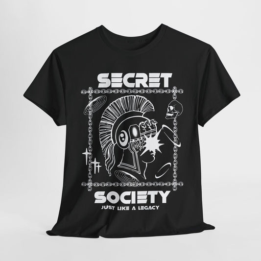 Men's T-Shirt with Bold Futuristic Mohawk Figure, Skull & 'Secret Society' Text