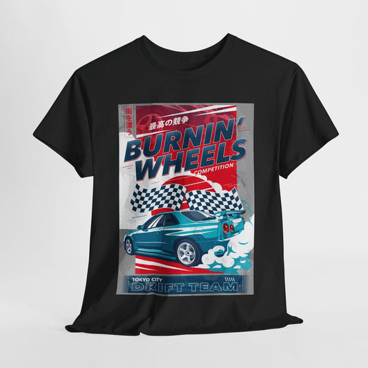 Rev Up Your Style BURNIN' WHEELS Competition T-Shirt for Racing Enthusiasts!