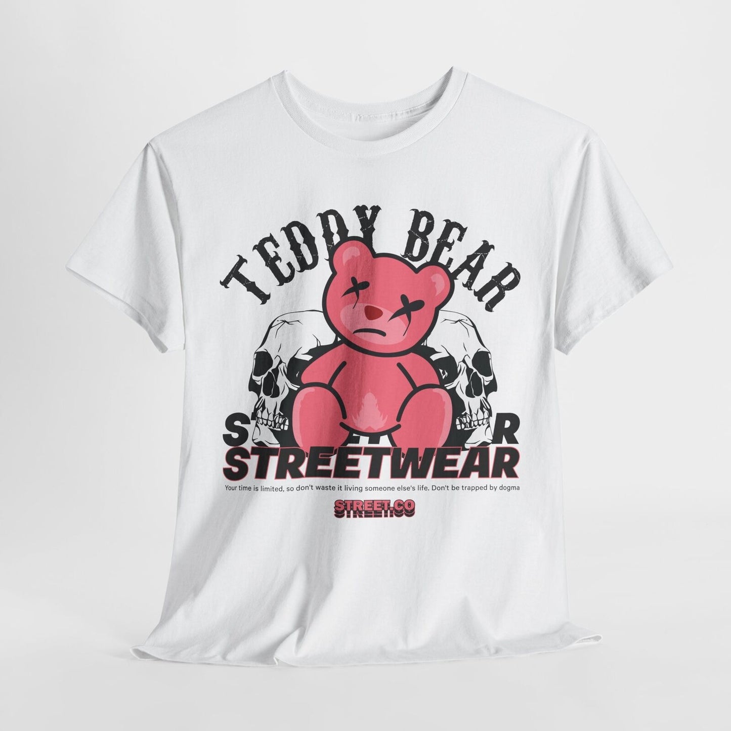 Men's Graphic T-Shirt: Distressed Pink Teddy Bear Between Skulls Streetwear Vibe