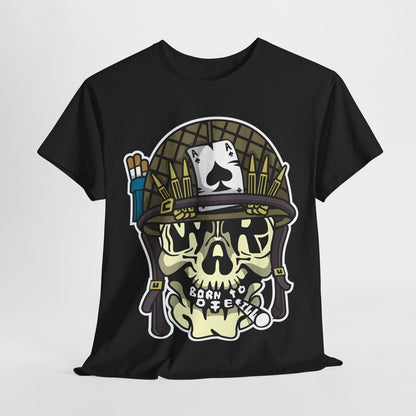 Men's T-Shirt with Cartoon Skull in Military Helmet, Ace of Spades & Bold Design