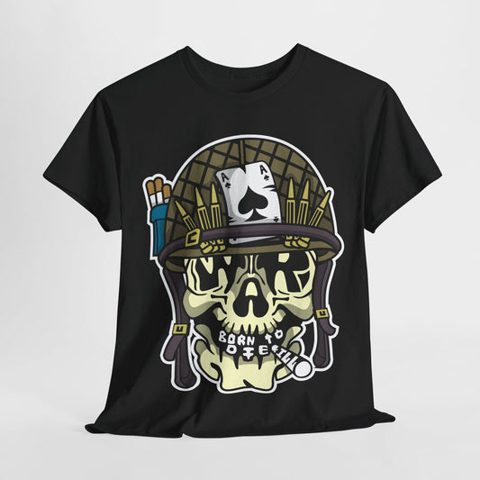 Men's T-Shirt with Cartoon Skull in Military Helmet, Ace of Spades & Bold Design