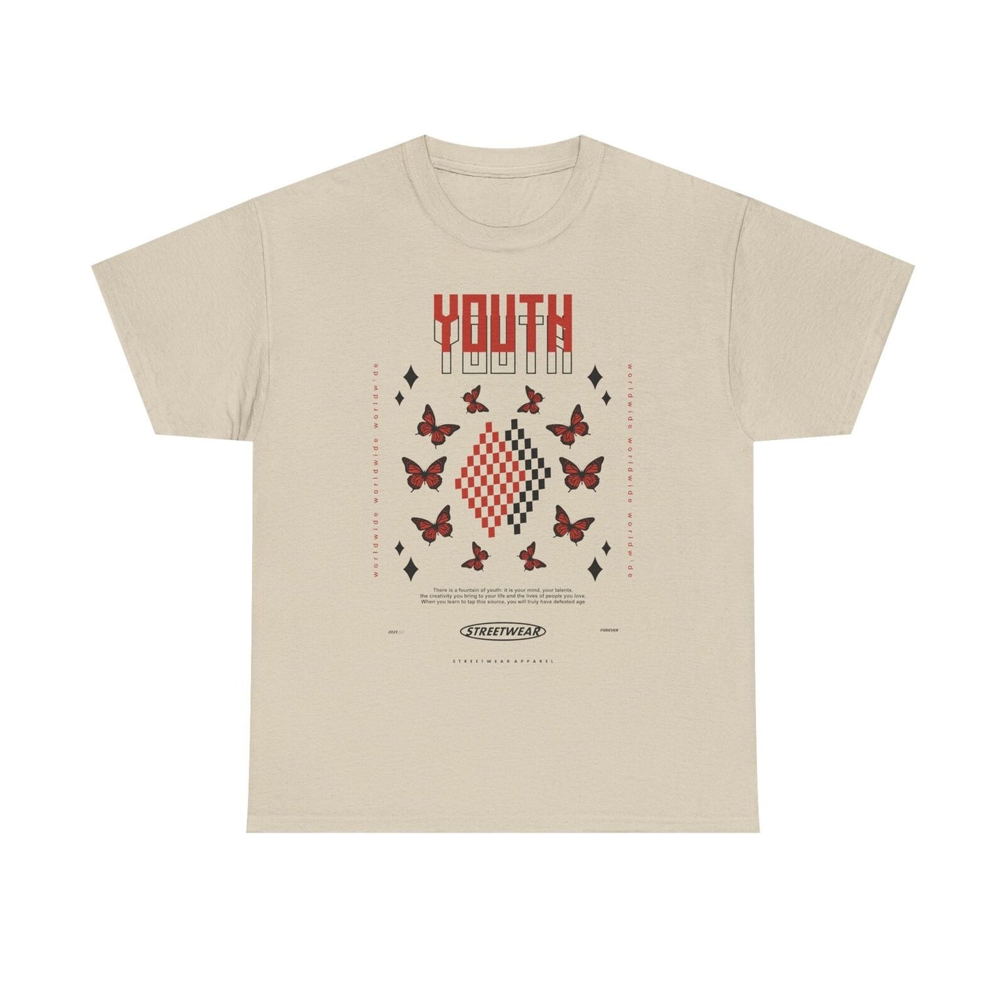 Youth Inspired Graphic T-Shirt Design with Red Butterflies, Checkerboard Quotes