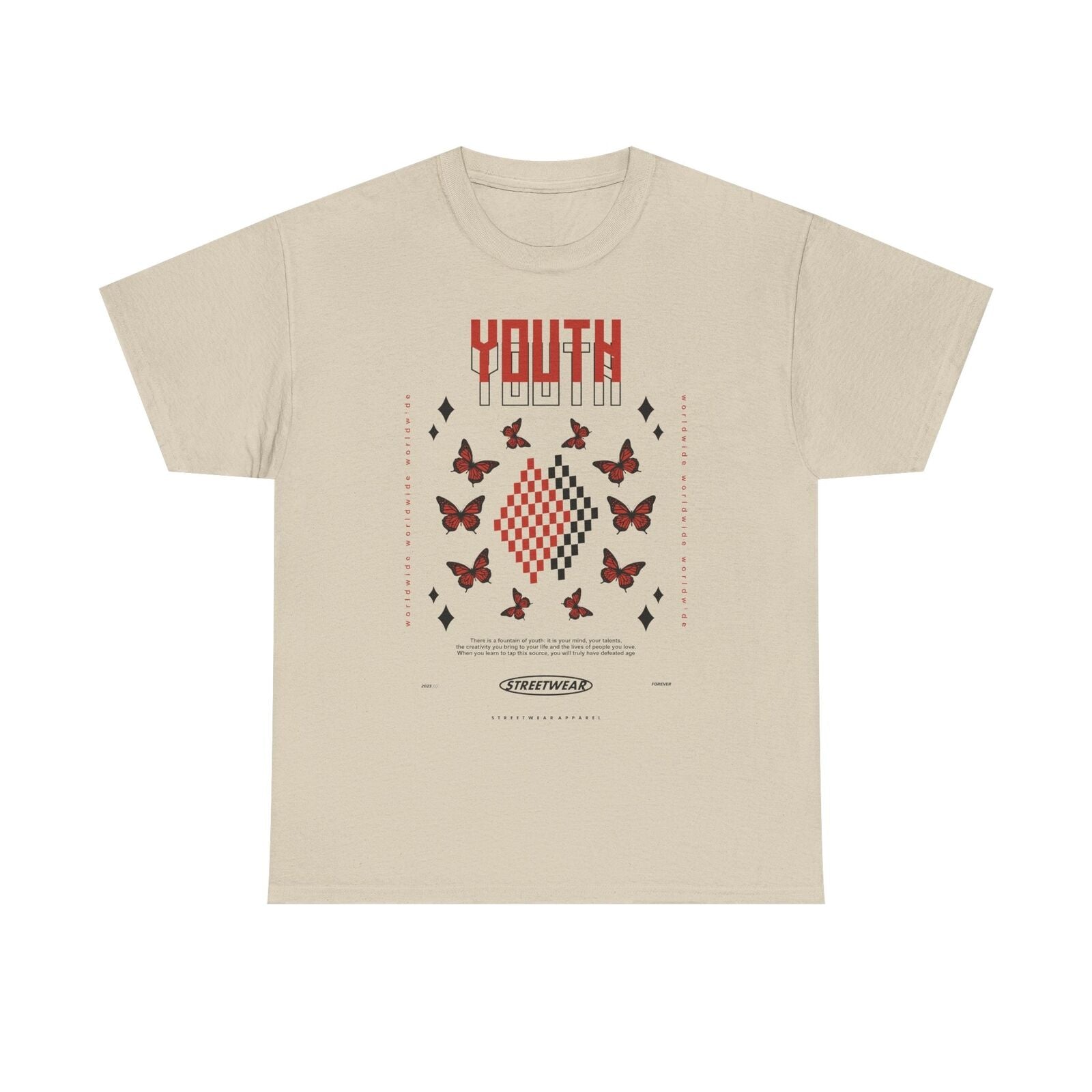 Youth Inspired Graphic T-Shirt Design with Red Butterflies, Checkerboard Quotes
