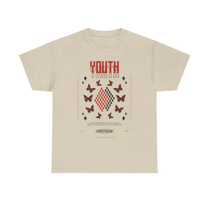 Youth Inspired Graphic T-Shirt Design with Red Butterflies, Checkerboard Quotes