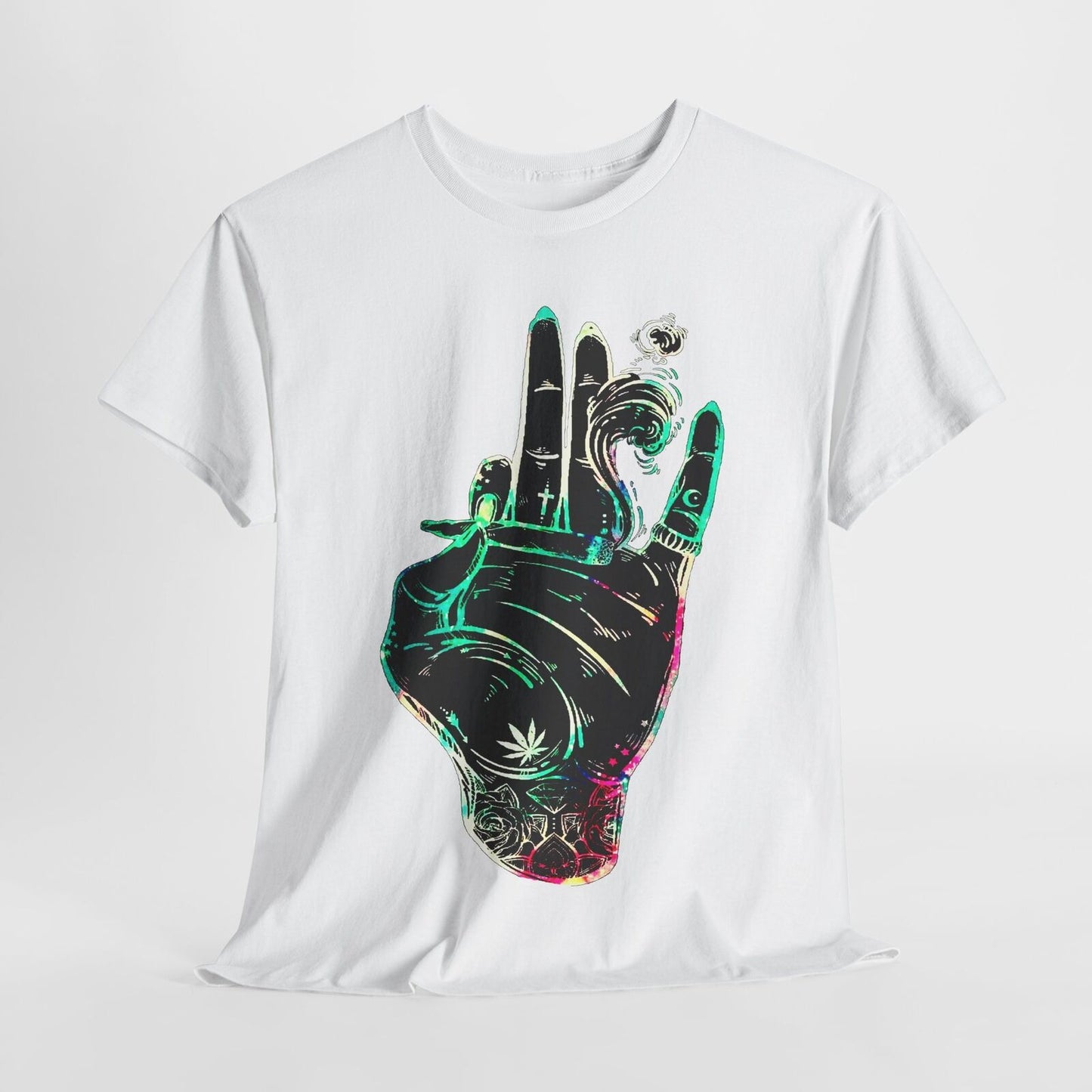 Vibrant Men's T-Shirt Tattoo-Style Hand Holding Joint and Psychedelic Designs