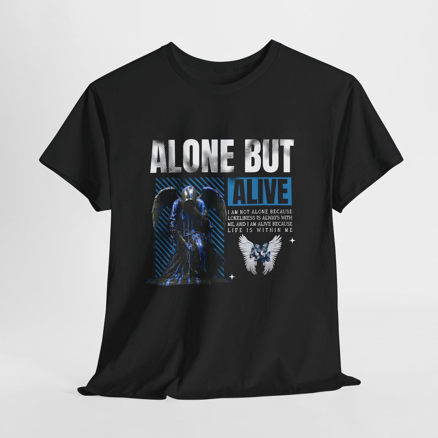 Men's T-Shirt: Bold 'ALONE BUT ALIVE' Graphic with Winged Statue & Angel Wings