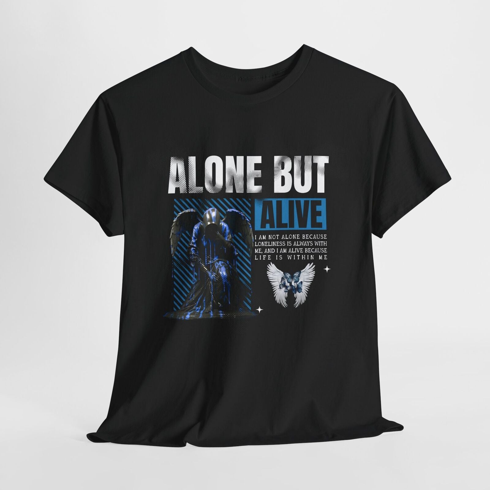 Men's T-Shirt: Bold 'ALONE BUT ALIVE' Graphic with Winged Statue & Angel Wings