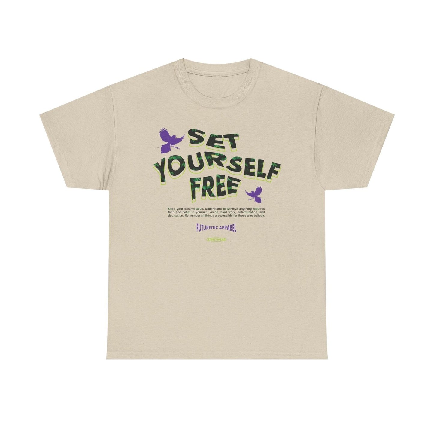 Empowering Set Yourself Free Graphic T-Shirt with Vibrant Leaf Design & Bird Art