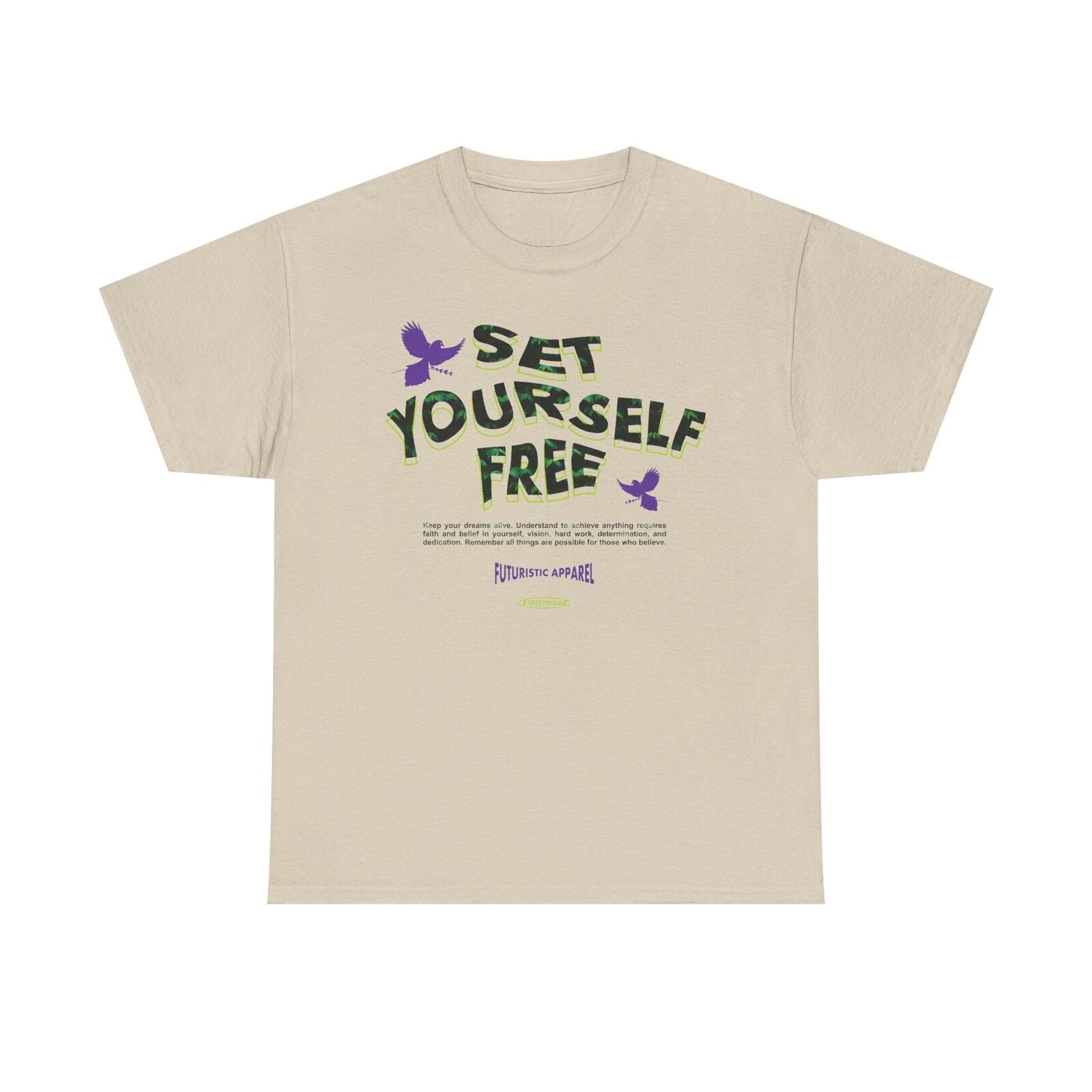 Empowering Set Yourself Free Graphic T-Shirt with Vibrant Leaf Design & Bird Art